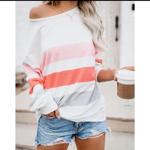 Tops - Striped Off Shoulder Slouchy Sweatshirt